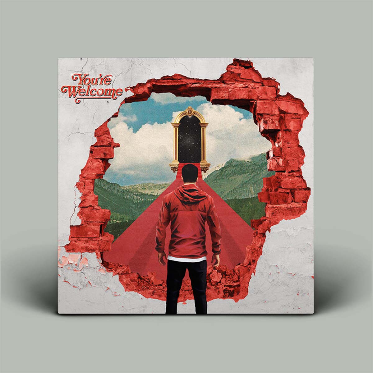 Album cover with a person in a red jacket looking at a scenic view through a red hole in a wall.