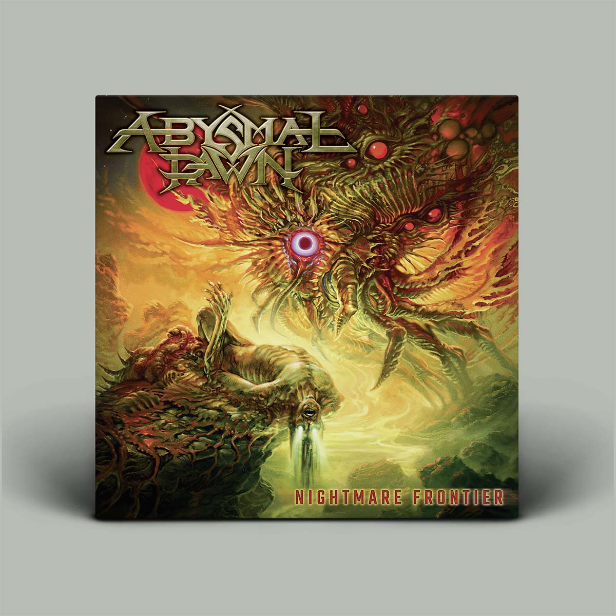 Album cover for 'Nightmare Frontier' by Abysmal Dawn with a fantasy design on a gray background