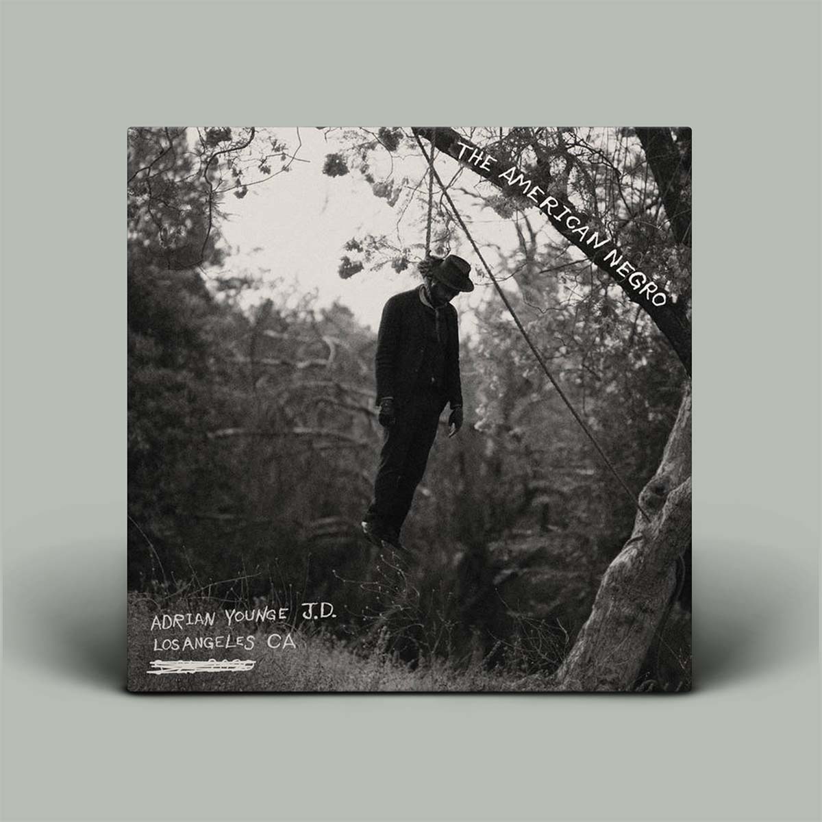 Album cover with black and white photo of a person in a forest, featuring text 'The American Negro' and 'Adrian Younge J.D.