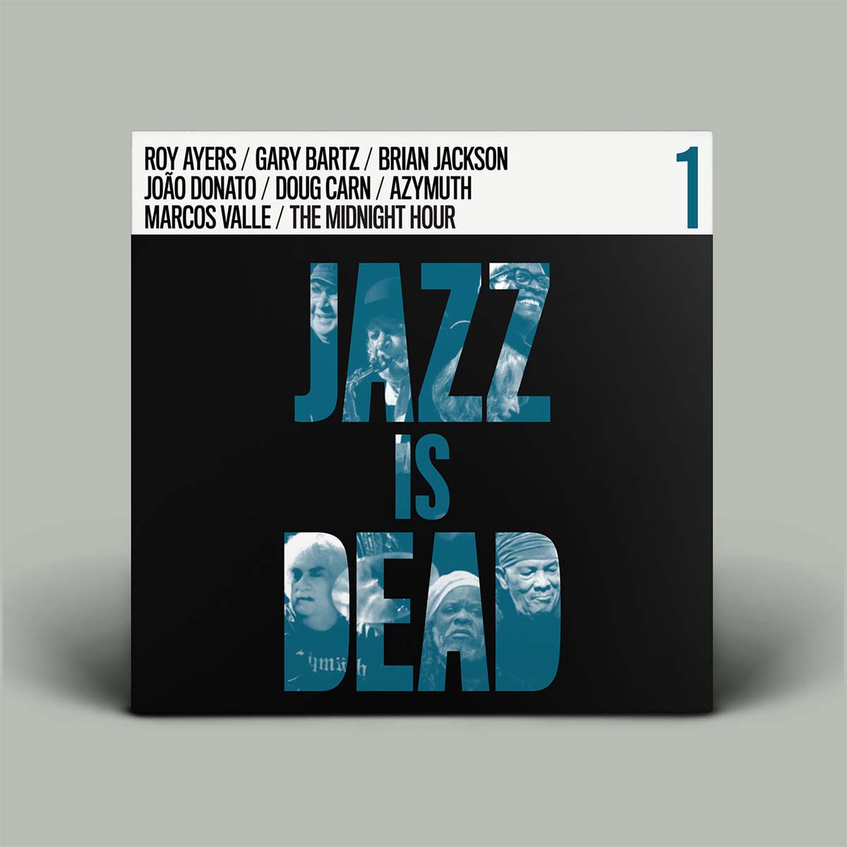 Album cover for 'Jazz is Dead' with text and images of musicians on a gray background