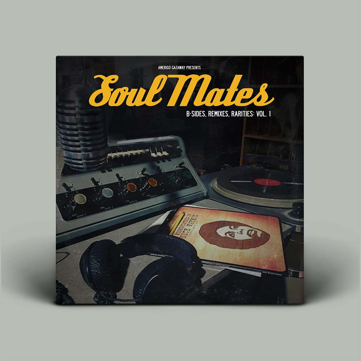 Album cover for 'Soul Mates' with vintage record player and records on a gray background