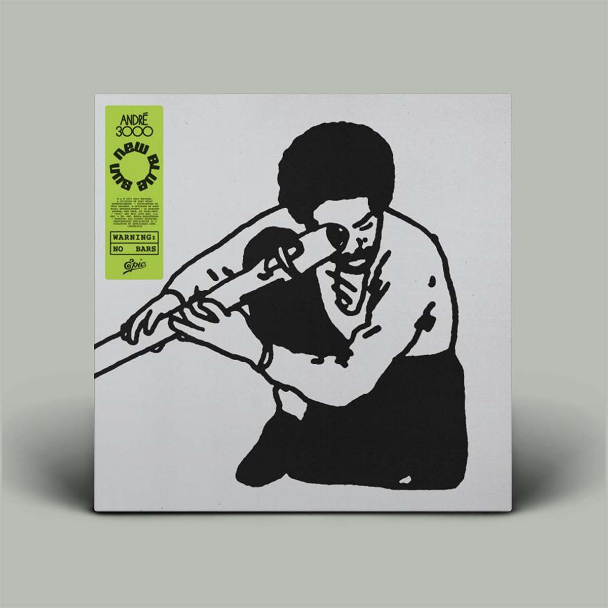 Vinyl record cover with a black and white illustration of a person playing a flute, on a gray background.