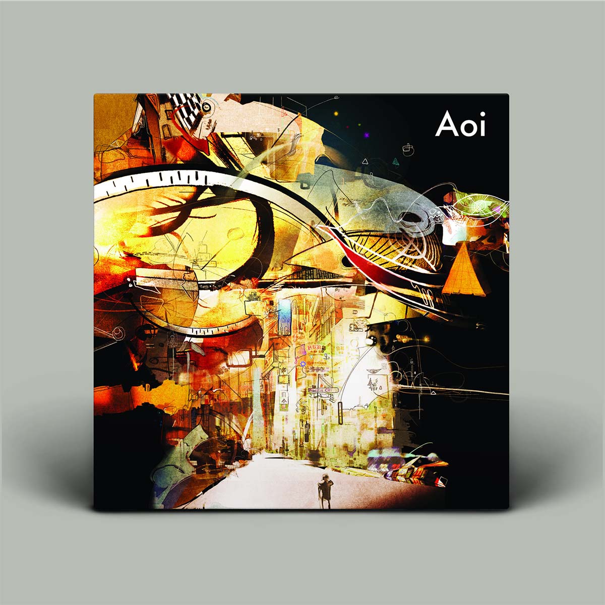 Album cover with abstract design and 'Aoi' branding on a gray background
