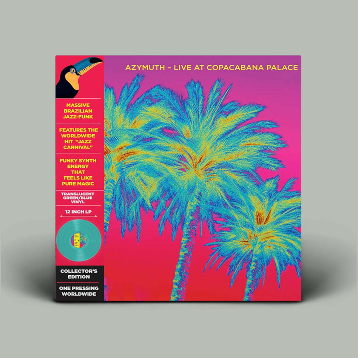 Vinyl record cover with palm trees and text on a pink background