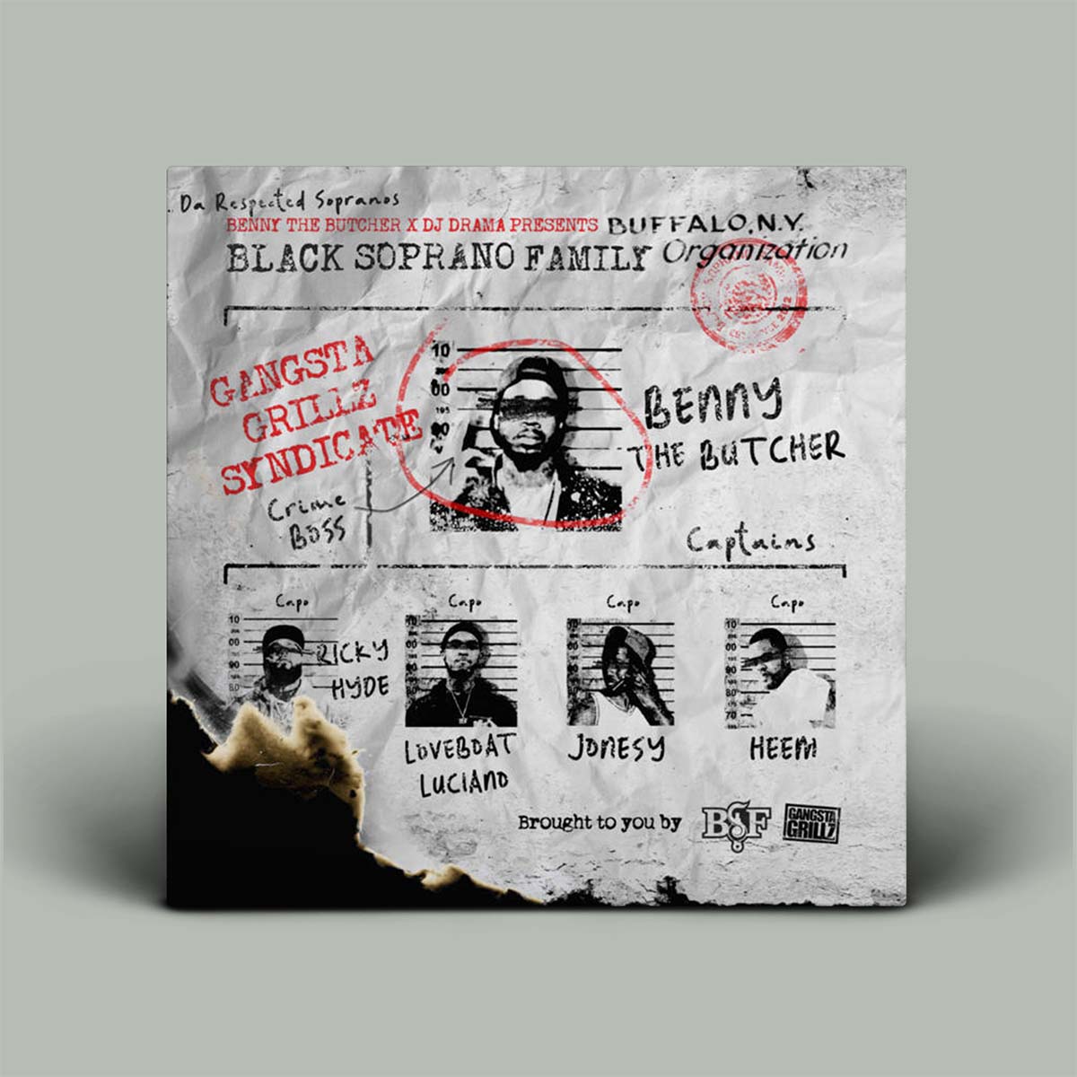 Album cover with stylized design featuring text and images of a 'Gangsta Grill Syndicate' on a gray background.