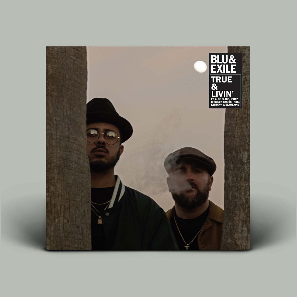 Album cover with two individuals and text 'BLU & EXILE TRUE & LIVIN'' on a gray background