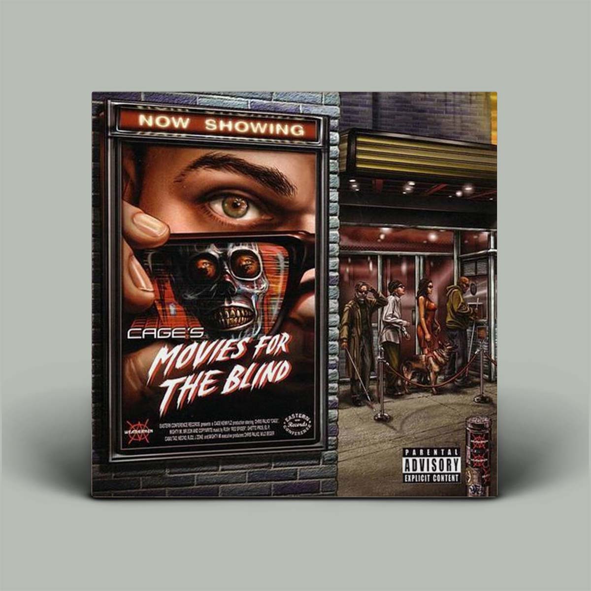 Album cover with graphic image of a film poster oustide a cinema.