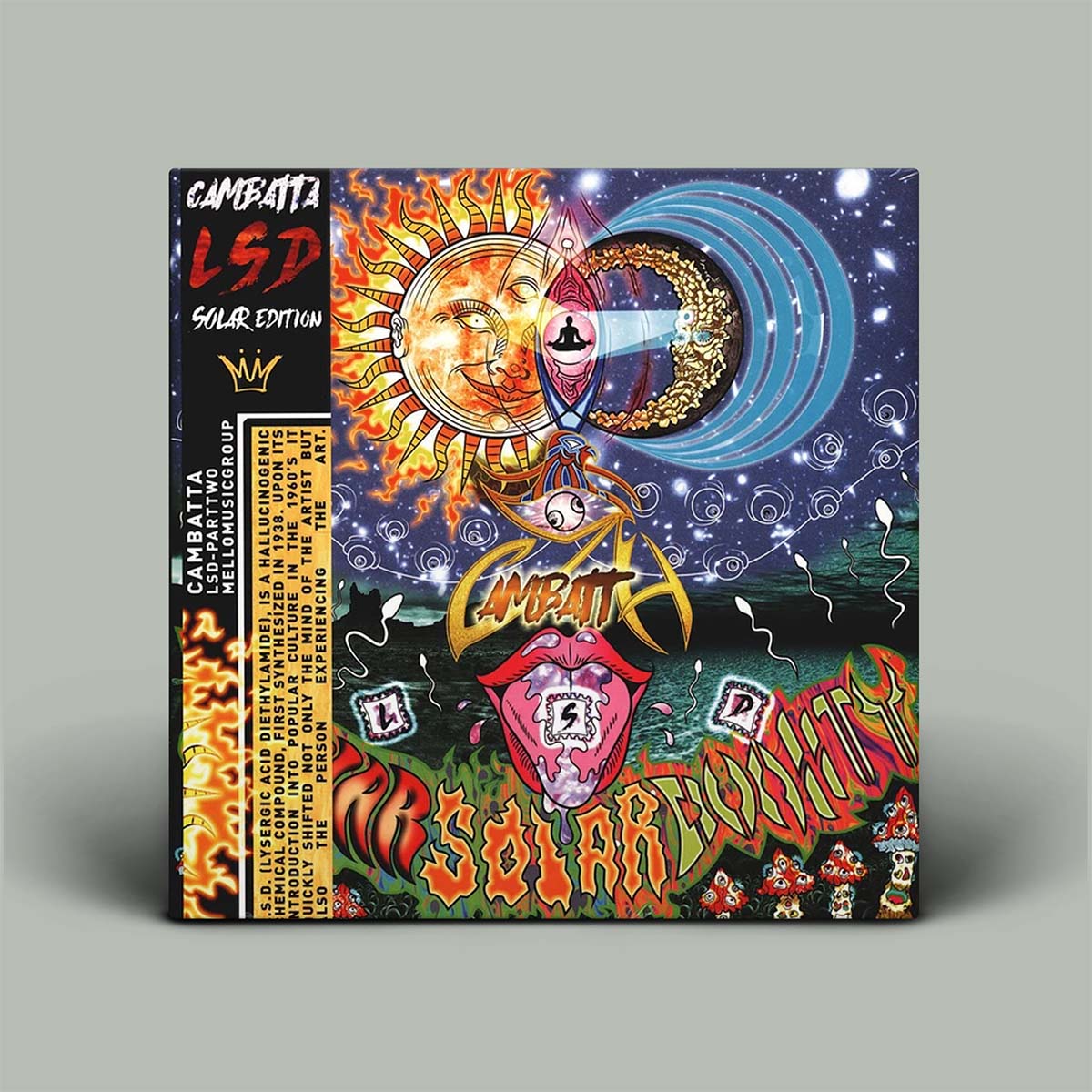 Colorful album cover with intricate designs and text on a gray background