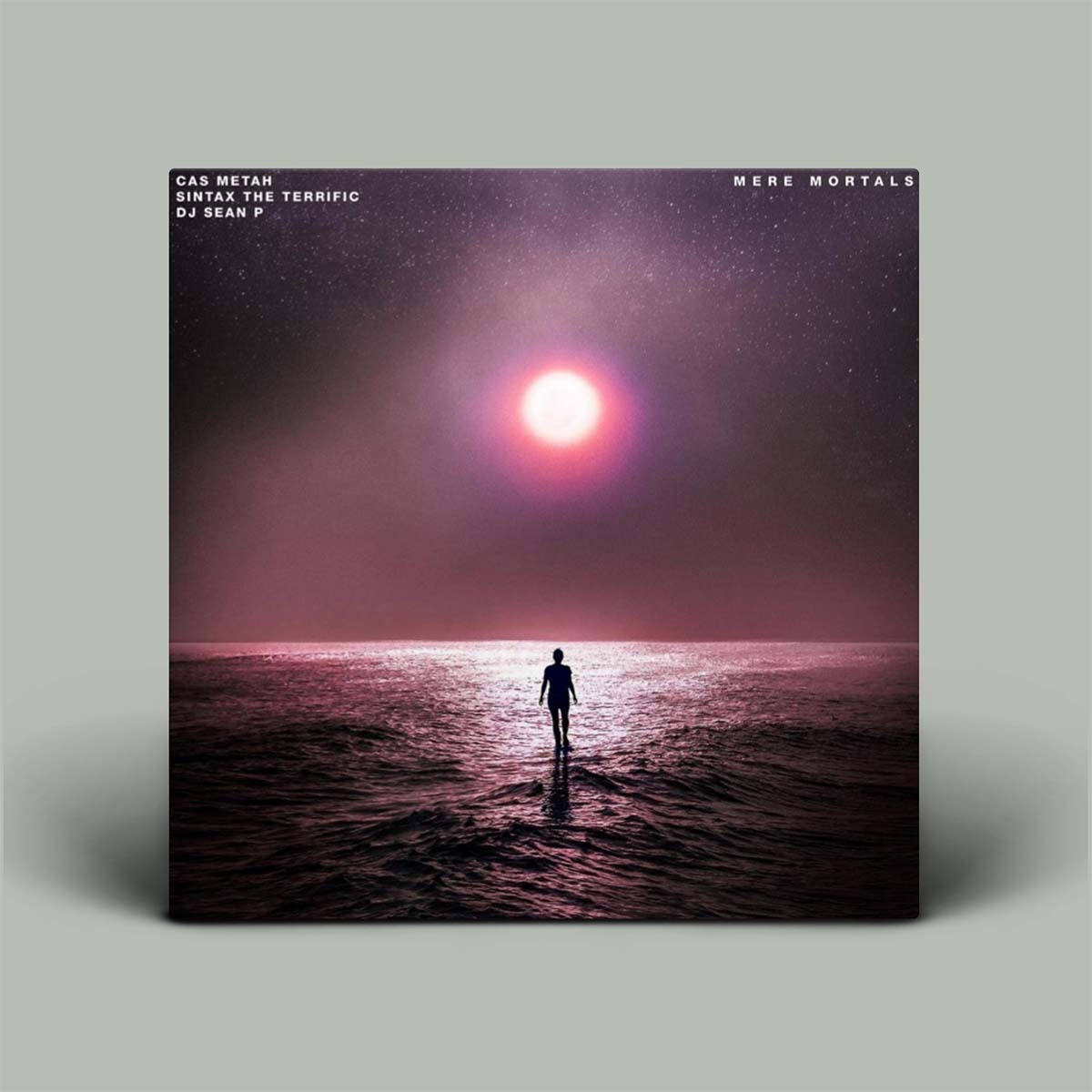 Album cover with a silhouette of a person standing on water under a pink sun and starry sky.