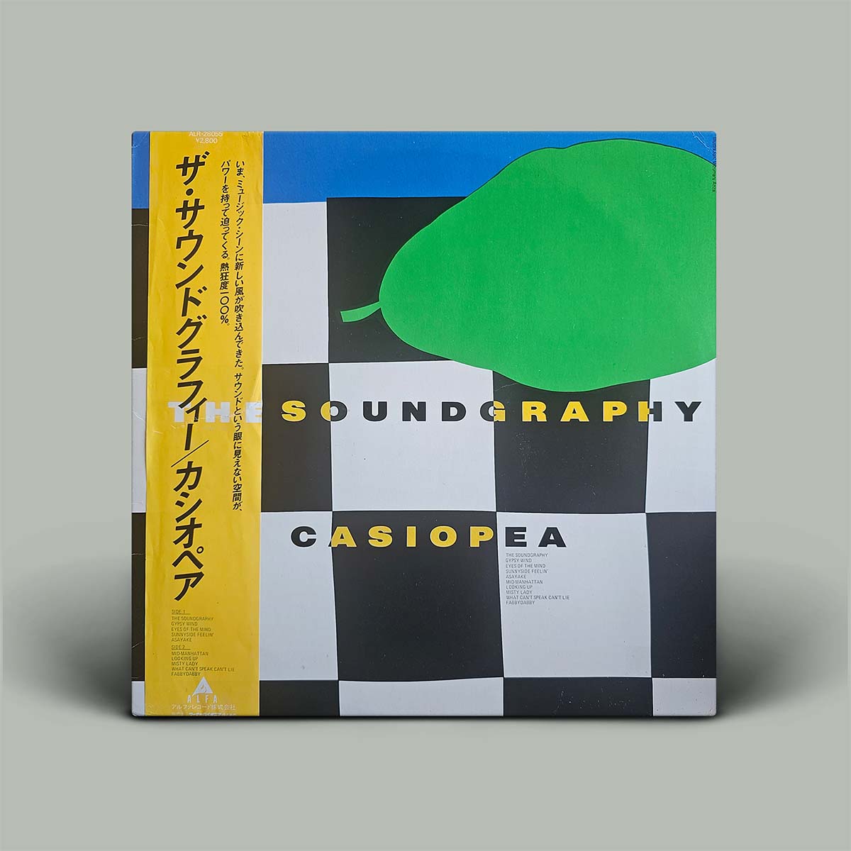 Vinyl record cover with geometric design and text on a gray background