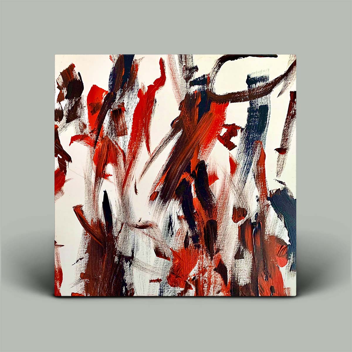 Abstract painting with red, black, and white strokes on a beige background