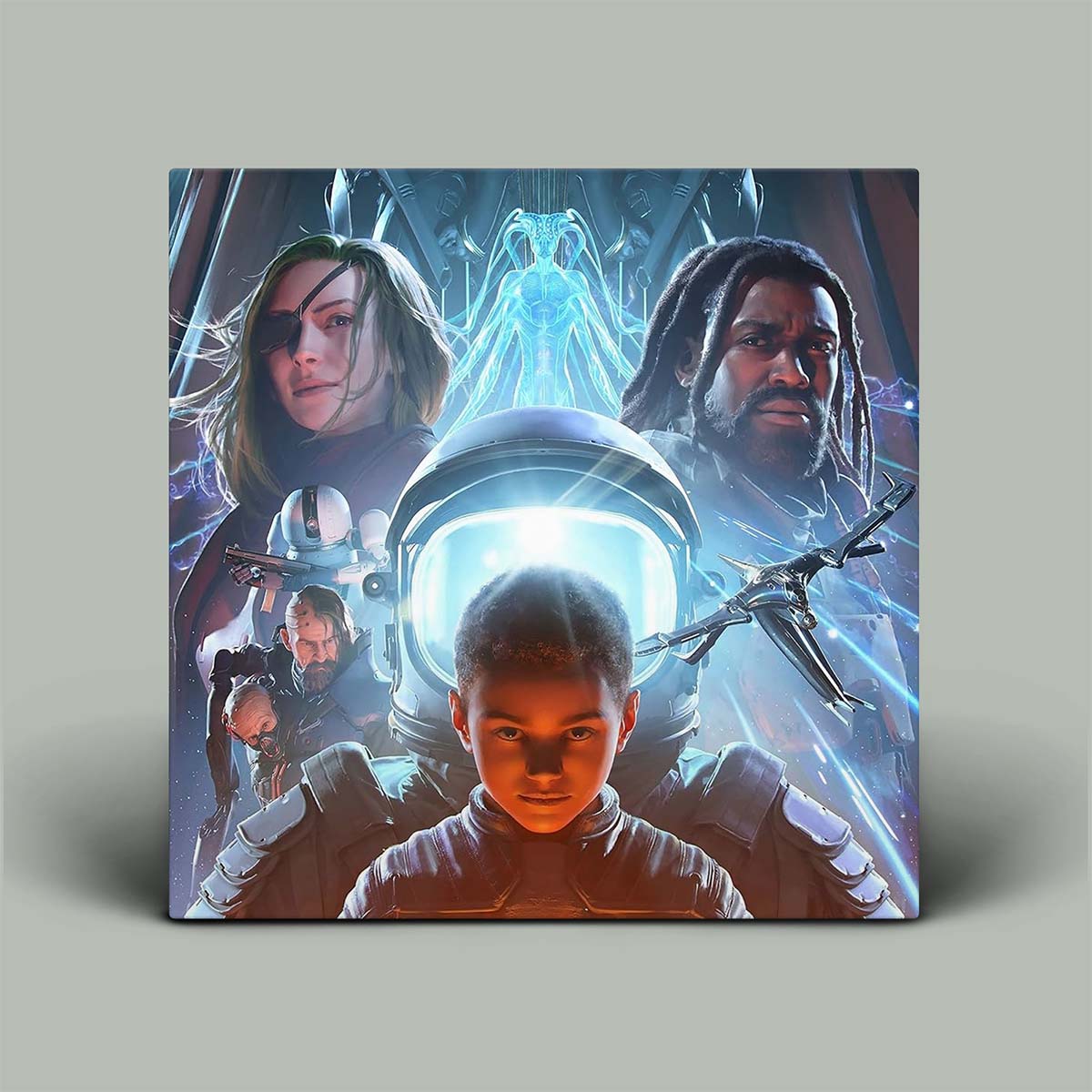 Album cover with print of a futuristic sci-fi design featuring characters in space-themed outfits.