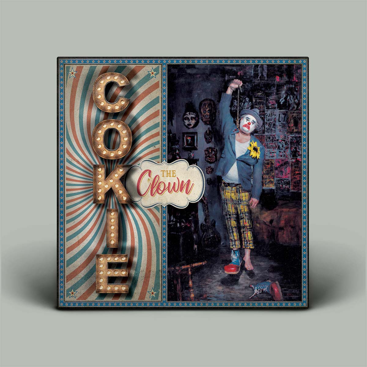 Album cover with a clown holding a flower, surrounded by vintage-style text and graphics.