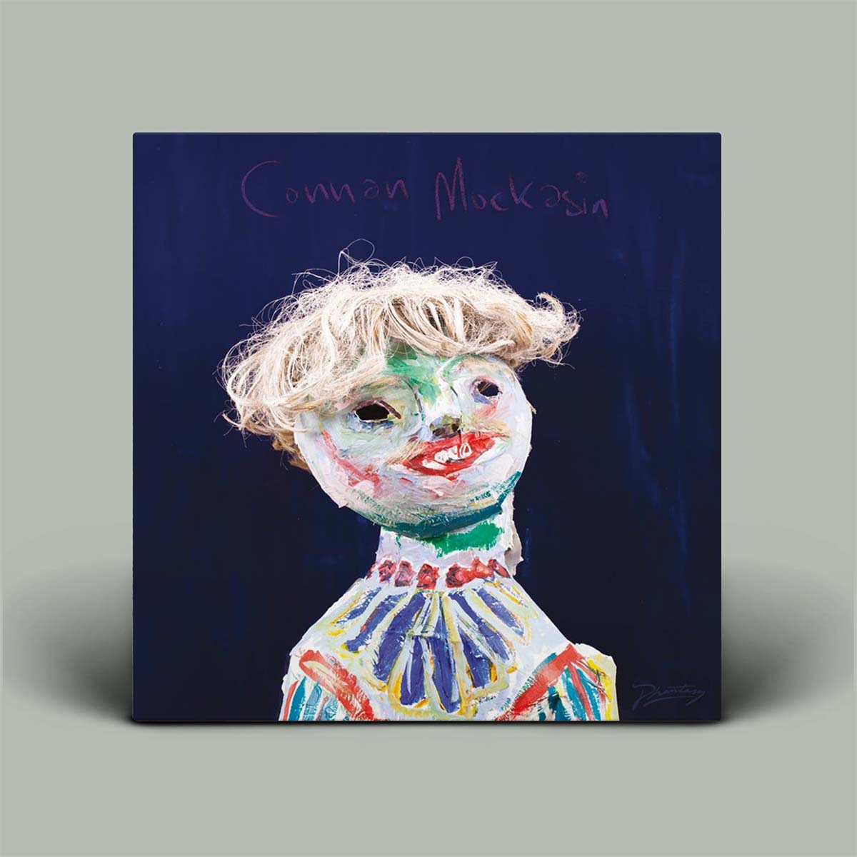 Artistic depiction of a stylized figure with a colorful outfit on a dark blue background