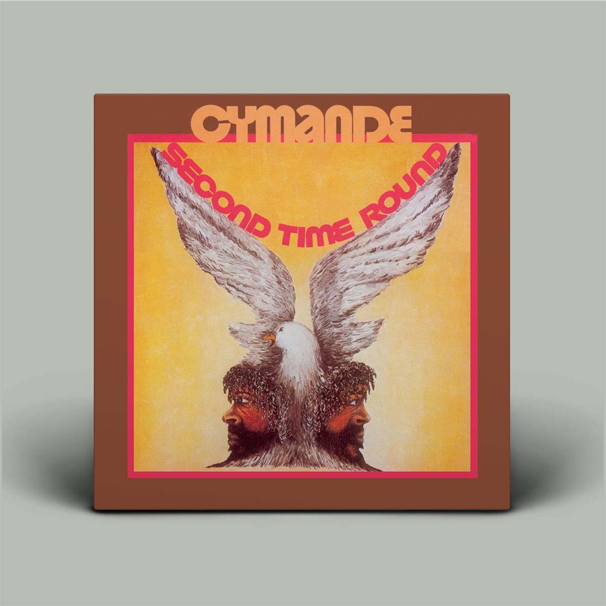 Album cover with a bird and two faces, featuring the text 'Cymande Second Time Round' on a brown border.