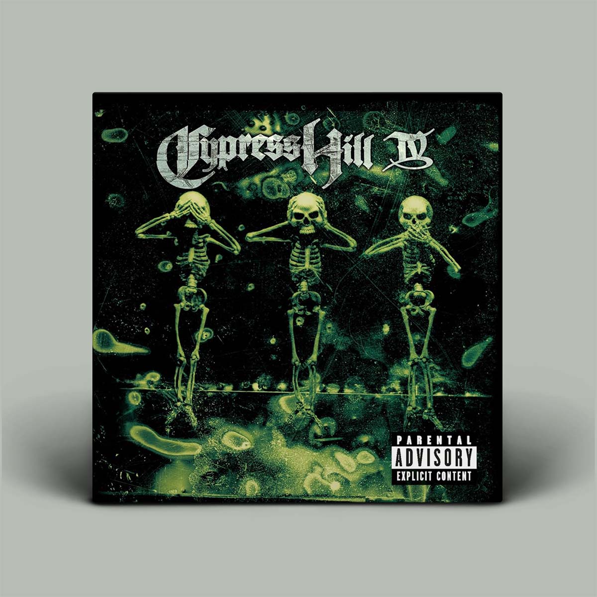 Album cover for 'Cypress Hill IV' with skeletons and green abstract design on a gray background