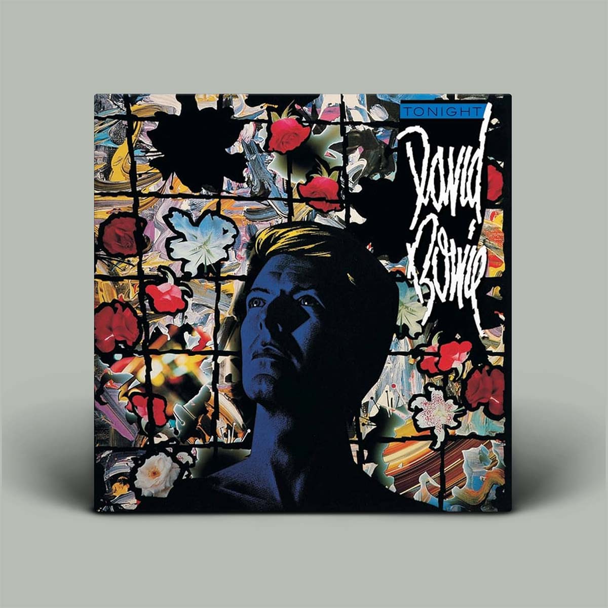 Vinyl record cover with colorful design and 'Tonight' by David Bowie text