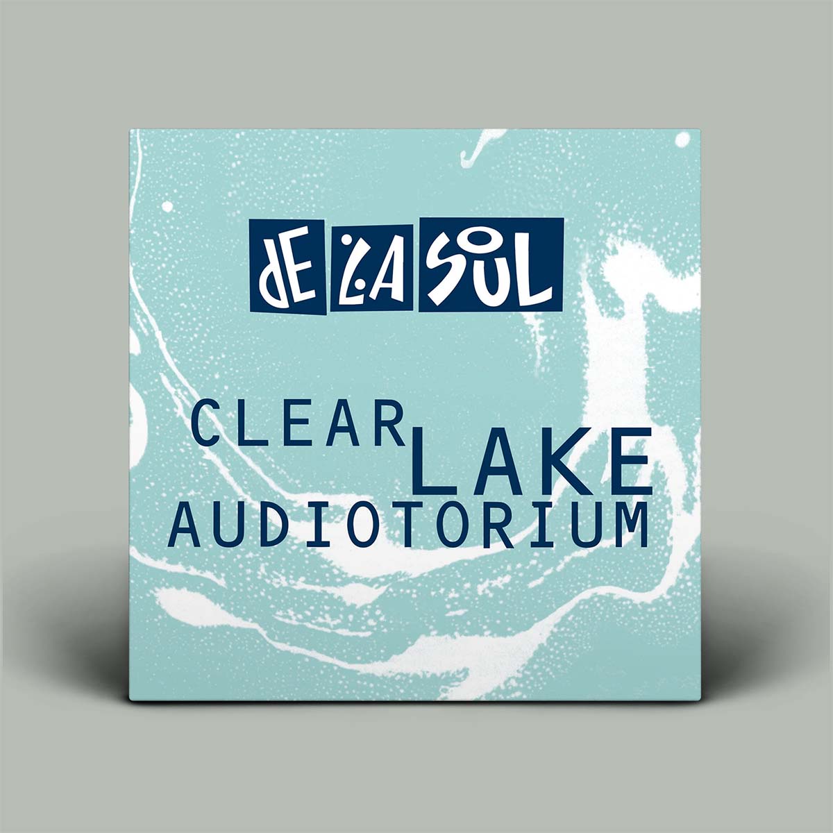 Square sign with 'De La Soul' and 'Clear Lake Auditorium' text on a light blue background