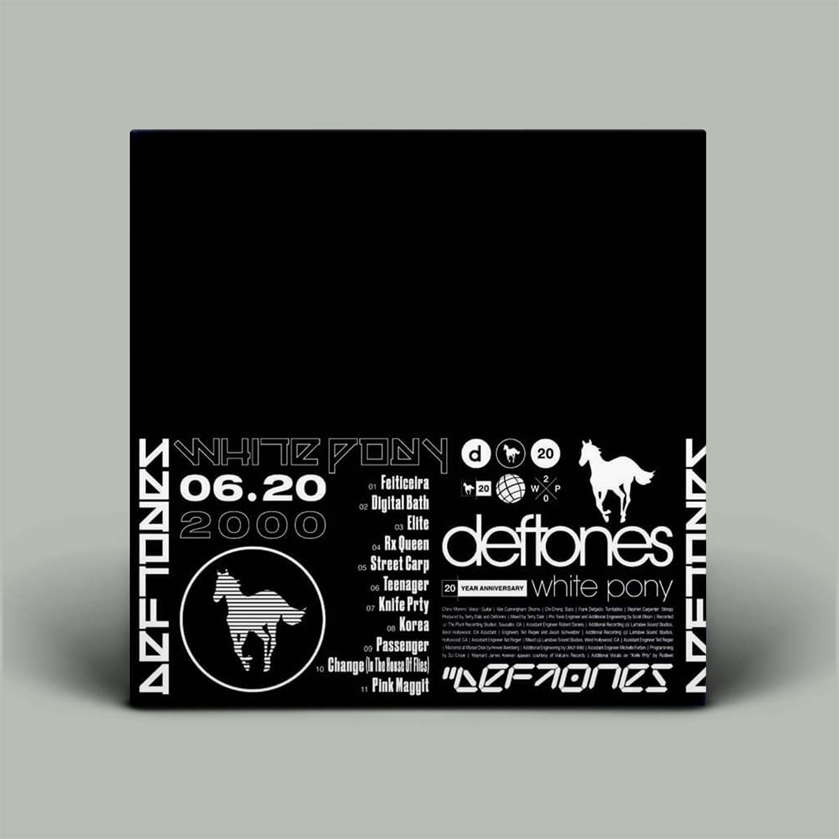 Black album cover with white text and horse illustrations for Deftones' 'White Pony' on a gray background