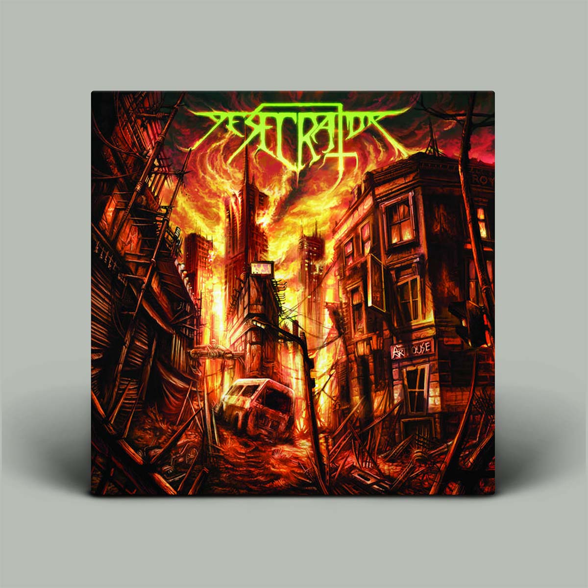 Album cover with a dystopian cityscape and the word 'Dystopia' in glowing text.