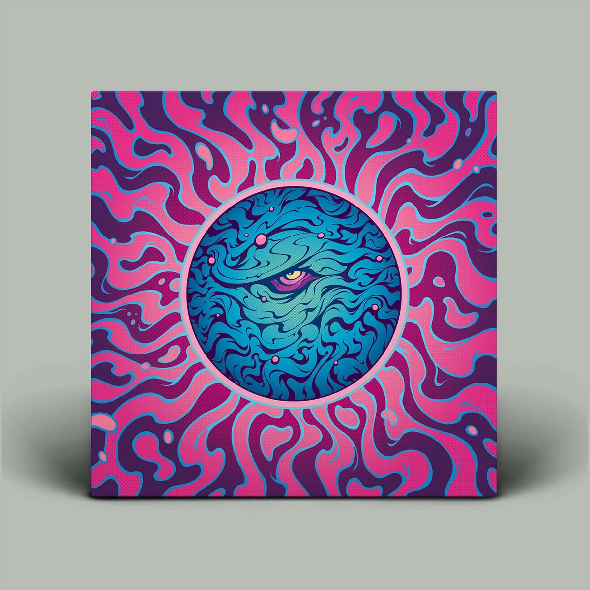 Surreal artwork with a central blue eye surrounded by pink and purple wavy patterns on a gray background