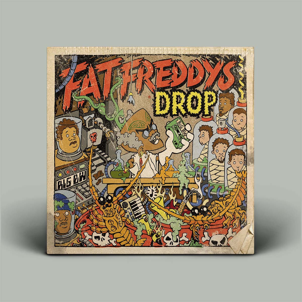 Album cover for 'Fat Freddy's Drop' with cartoon characters and text on a gray background