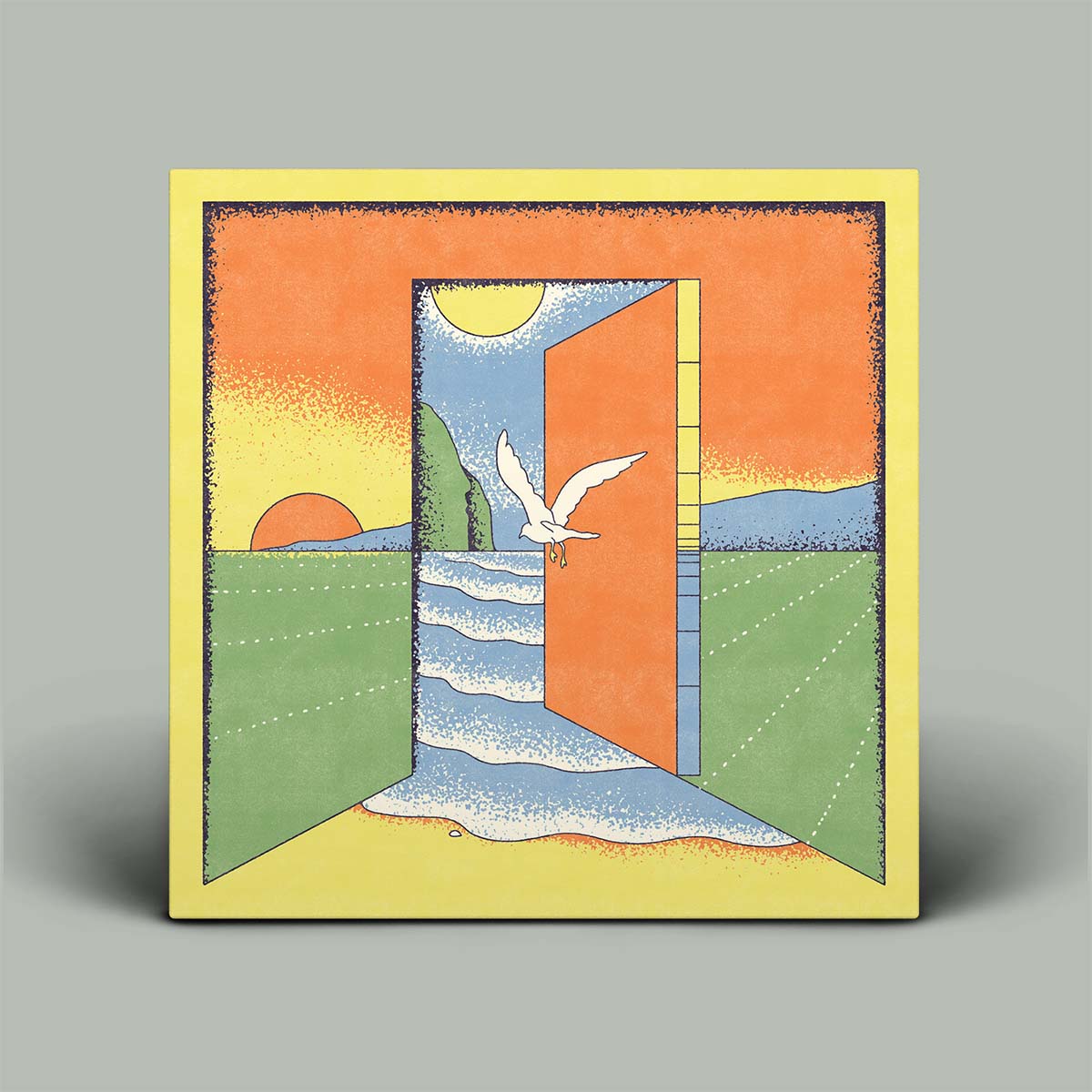 Artistic depiction of a landscape with a door opening to a beach scene, featuring a bird.