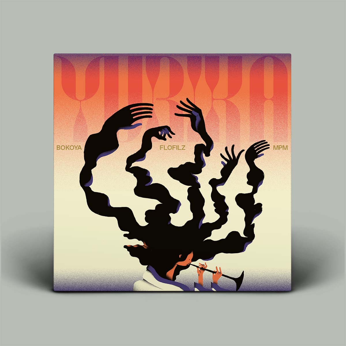 Album cover with stylized silhouette of a person and hands against a gradient background