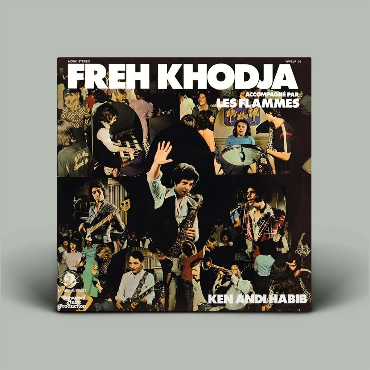 Album cover with band members and text on a gray background