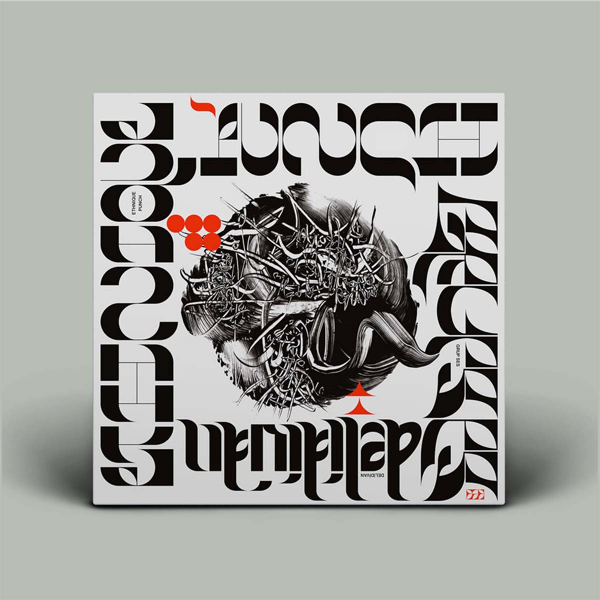 Album cover with black and white design on a gray background