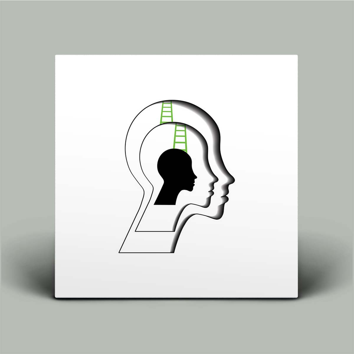 Artistic depiction of a head with two profiles and a ladder ascending, on a white background.