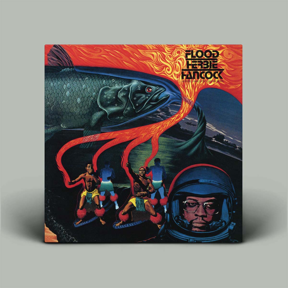 Album cover with a fish, people, and an astronaut on a gray background