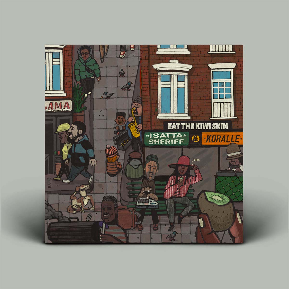 Illustrated album cover with characters on a street, featuring text and signs.