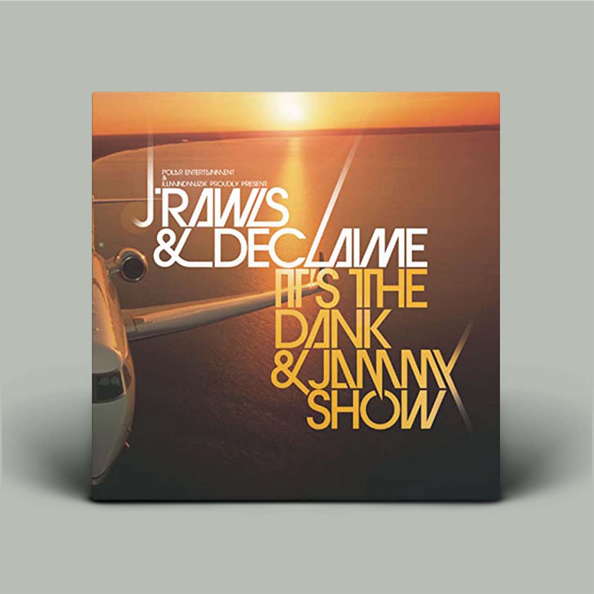 Album cover with text 'J Rawls & Declaime: It's The Dank & Jammy Show' on a gradient background, featuring a photo of a plane flying with sunset behind it.
