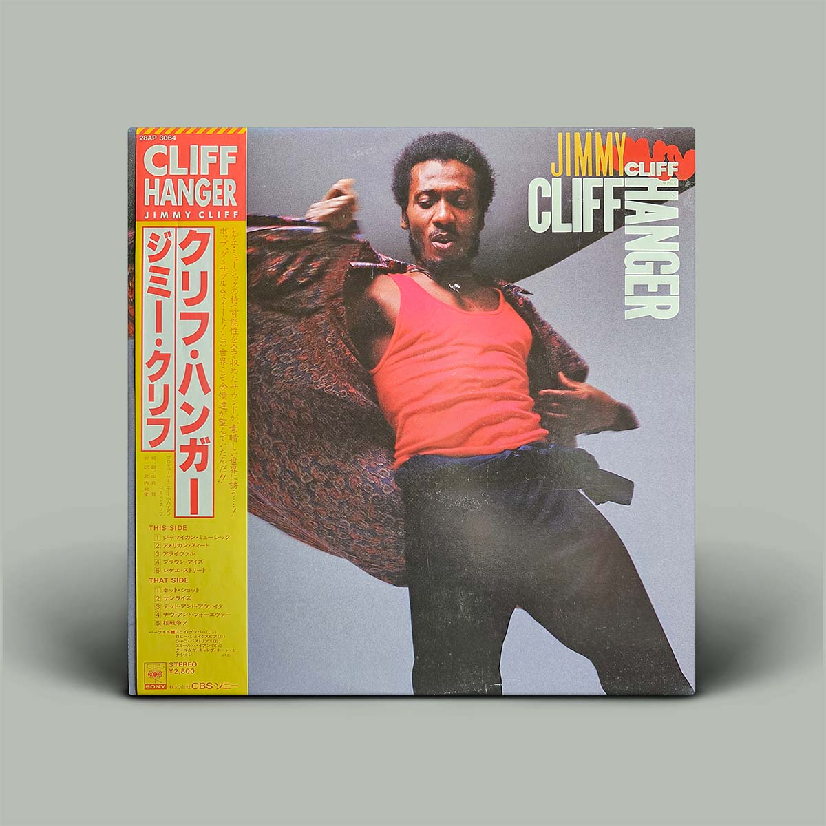 Vinyl record cover featuring a person in a red shirt and dark pants against a gray background
