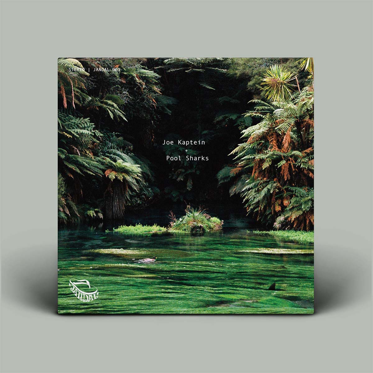 Album cover with jungle scene and text 'Joe Kaptein Pool Sharks' on a gray background