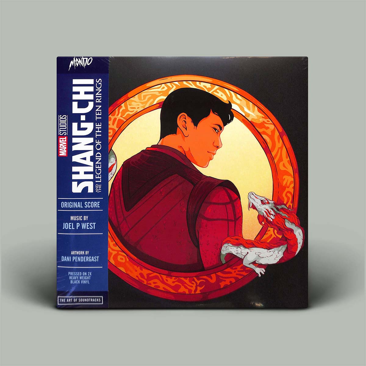 Vinyl record cover for 'Shang-Chi and the Legend of the Ten Rings' soundtrack with a character holding a dragon.
