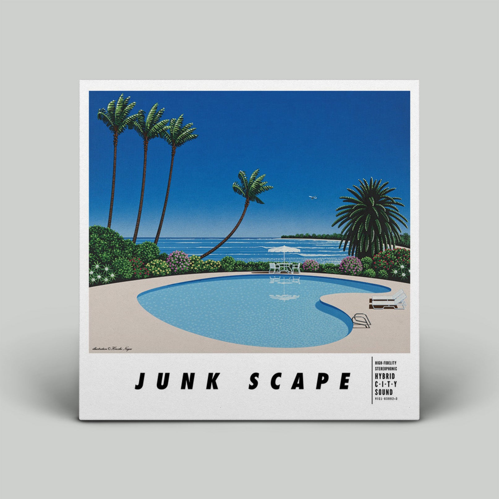 Poster of a pool scene with palm trees and ocean, featuring the text 'Junk Scape'.