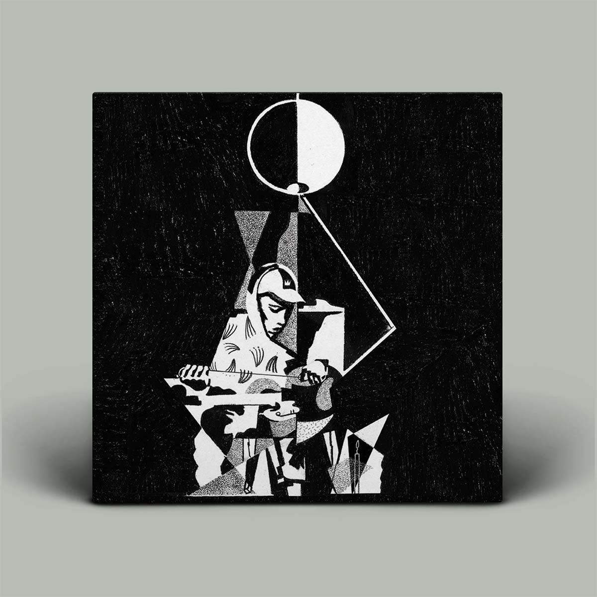 Record album cover featuring a stylized illustration of a person playing a guitar under the moonlight, with a abstract representation of the moon and stars in the background.