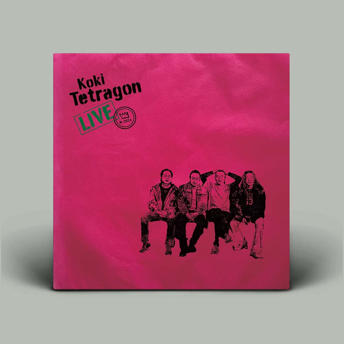 Vinyl record cover with a pink background and black text and illustrations of people.