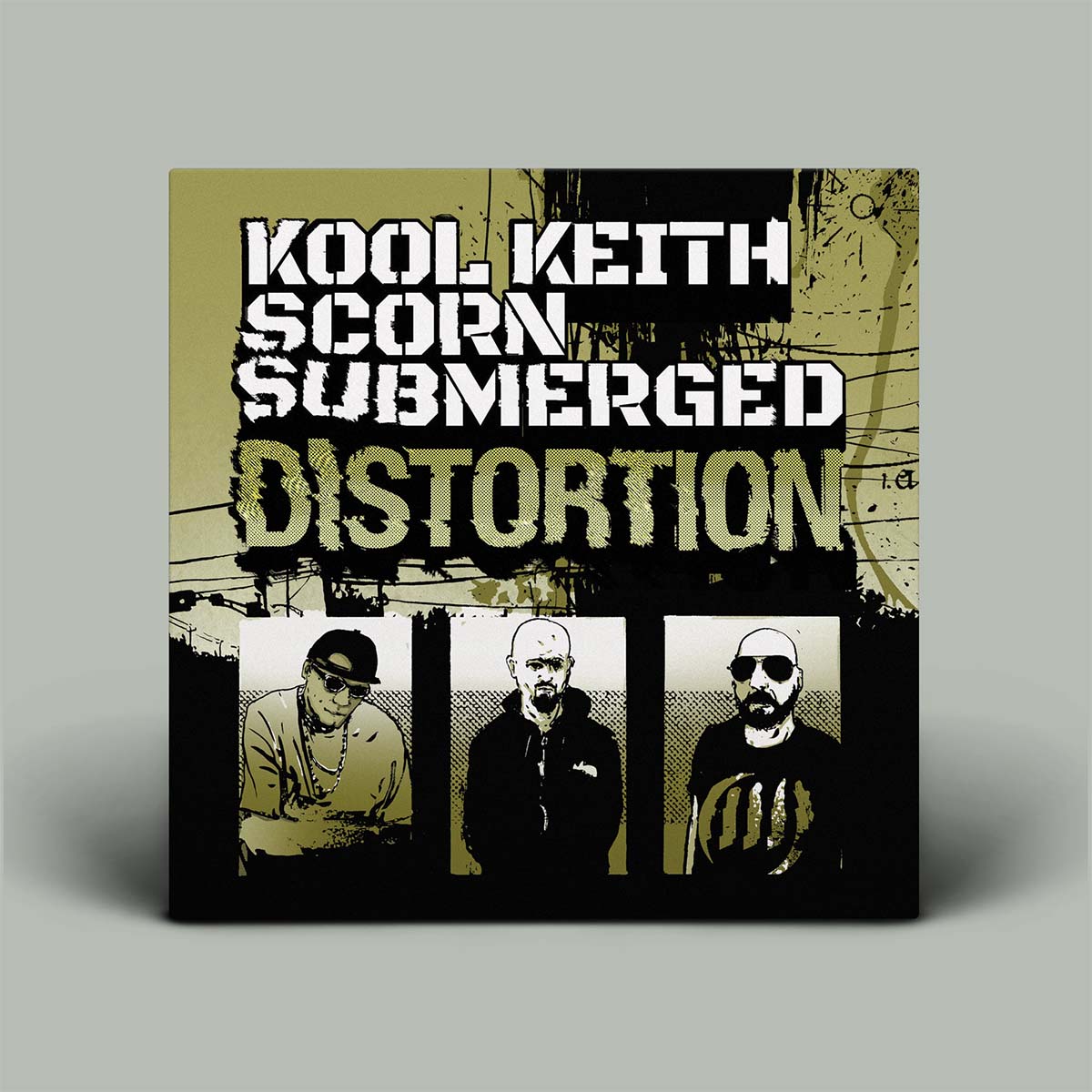 Album cover with text 'Kool Keith Scorn Submerged Distortion' and images of three people on a gray background