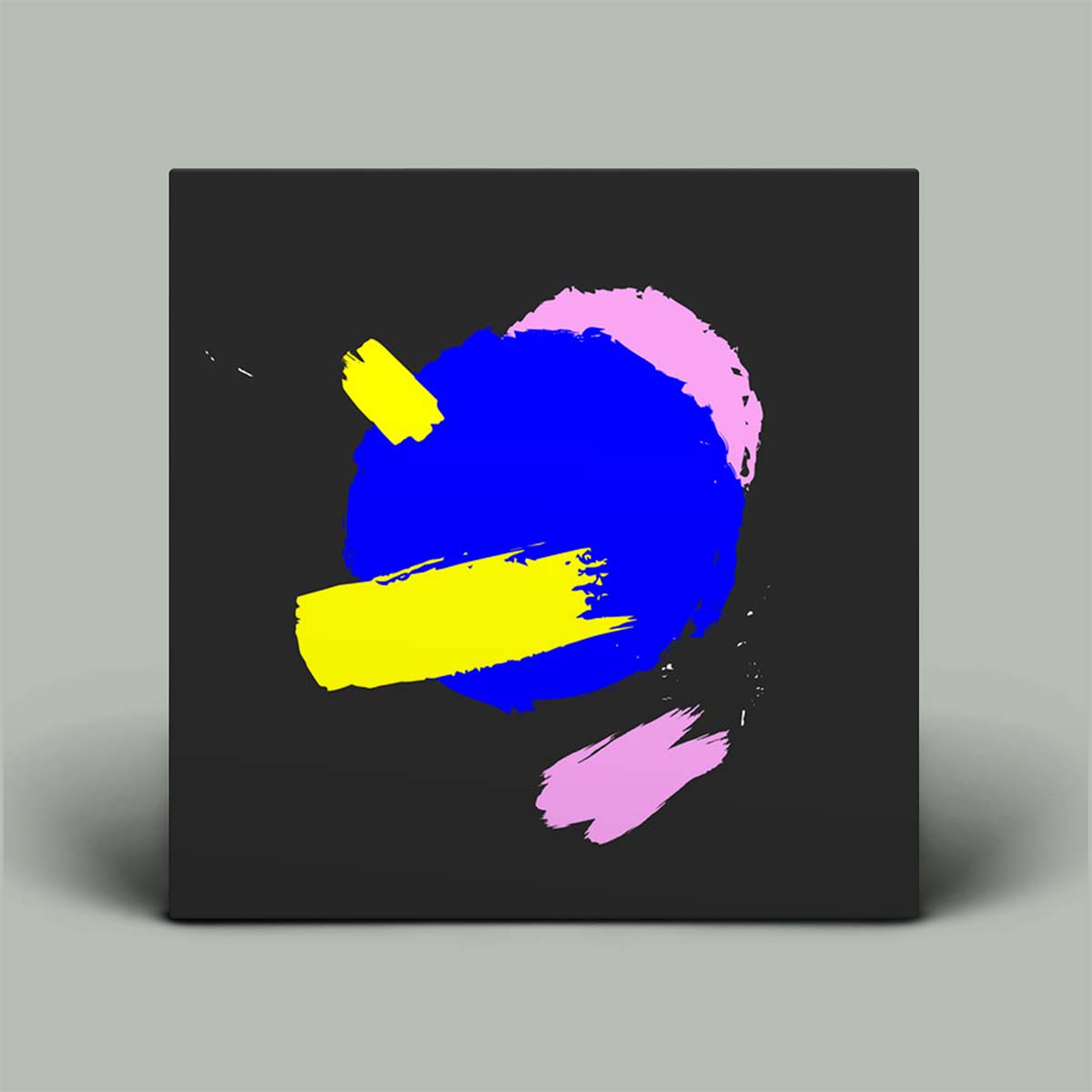 Abstract art piece with blue, yellow, and pink brush strokes on a black background