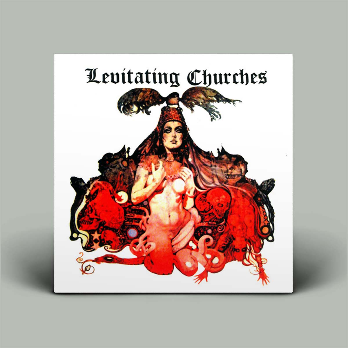 Album cover for 'Levitating Churches' with a stylized illustration of a woman and text on a white background.