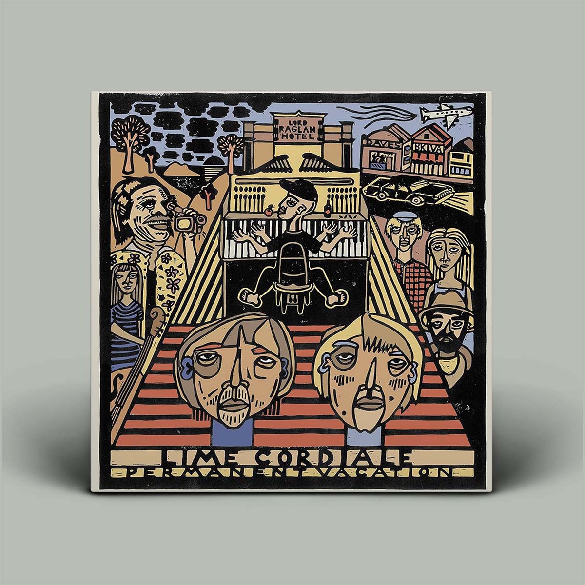 Album cover with stylized illustrations of people and buildings on a gray background