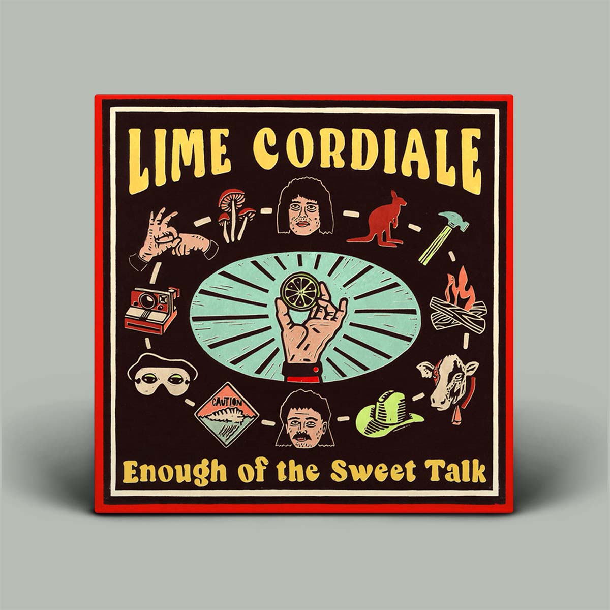 Album cover for 'Lime Cordiale' with various illustrations and text on a gray background