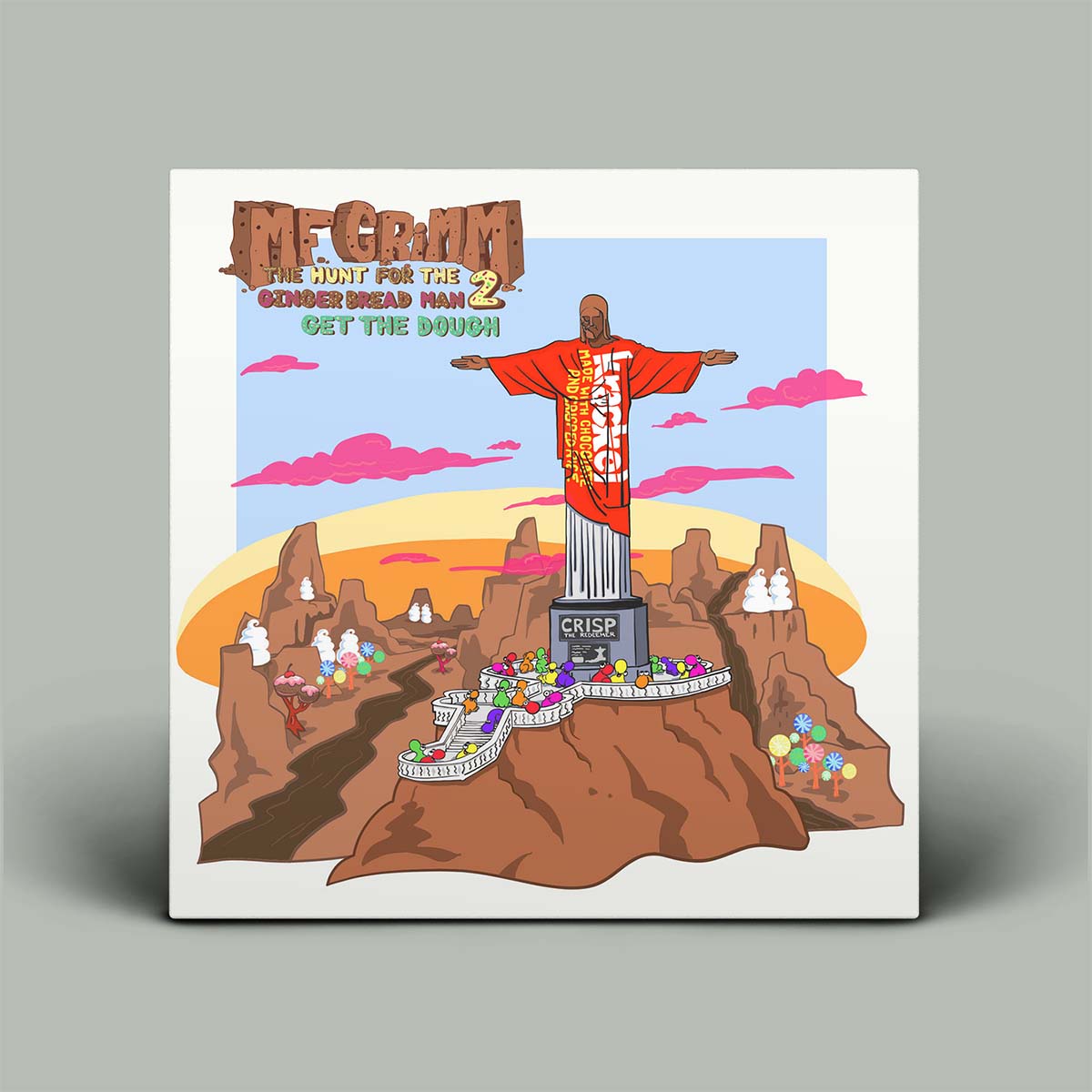 Album cover with a cartoon depiction of a religious figure on a mountain, colorful text, and various elements on a gray background.