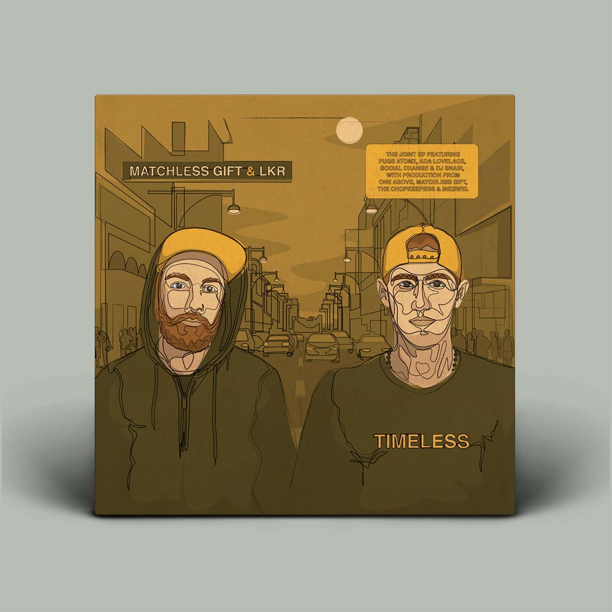 Album cover with two illustrated figures and text on a brown background