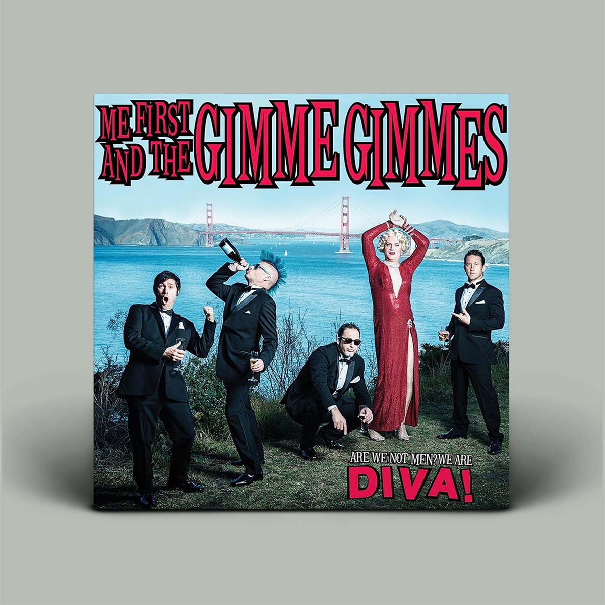Album cover for 'Me First and the Gimme Gimmes' with band members and scenic background