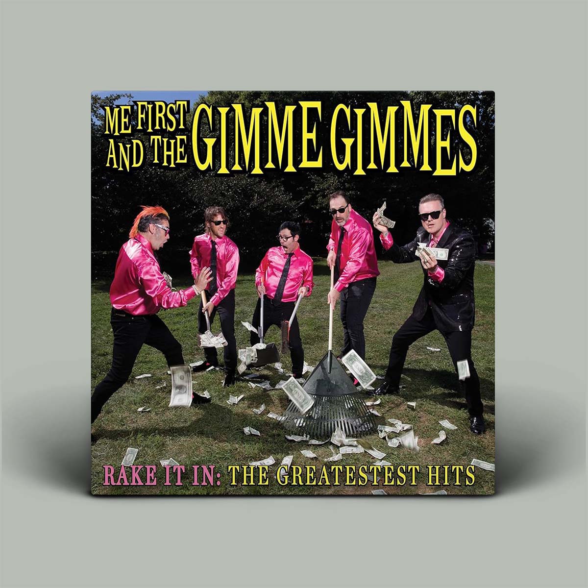 Album cover for 'Me First and the Gimme Gimmes' featuring band members in pink and black outfits with money on a grassy background.