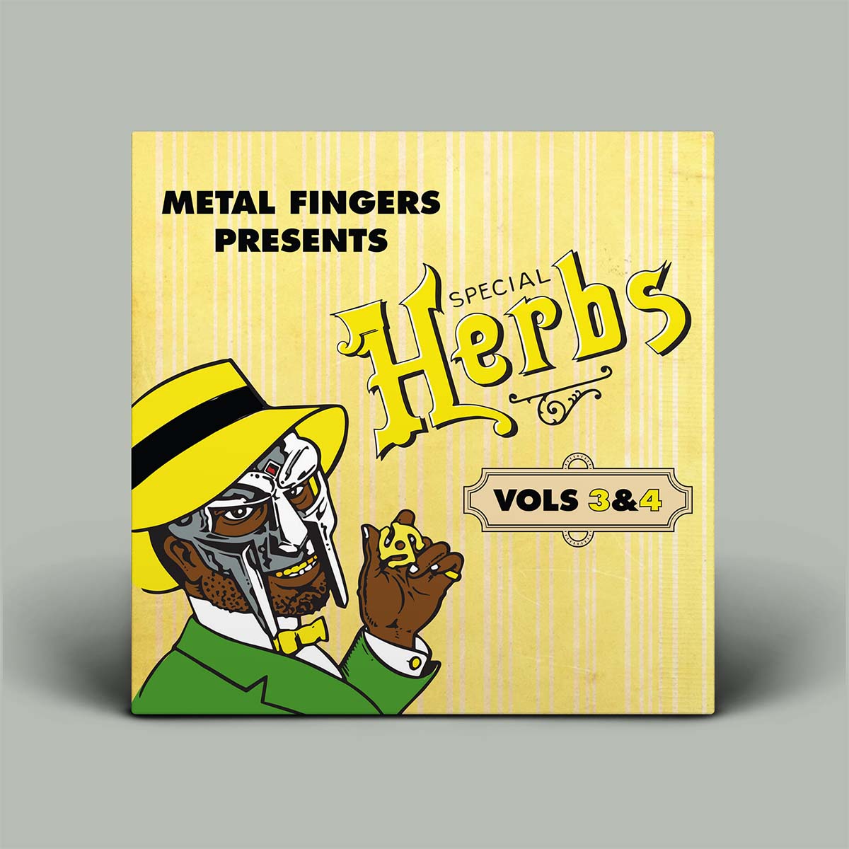 Album cover for 'Special Herbs Vols 3 & 4' by Metal Fingers on a yellow background